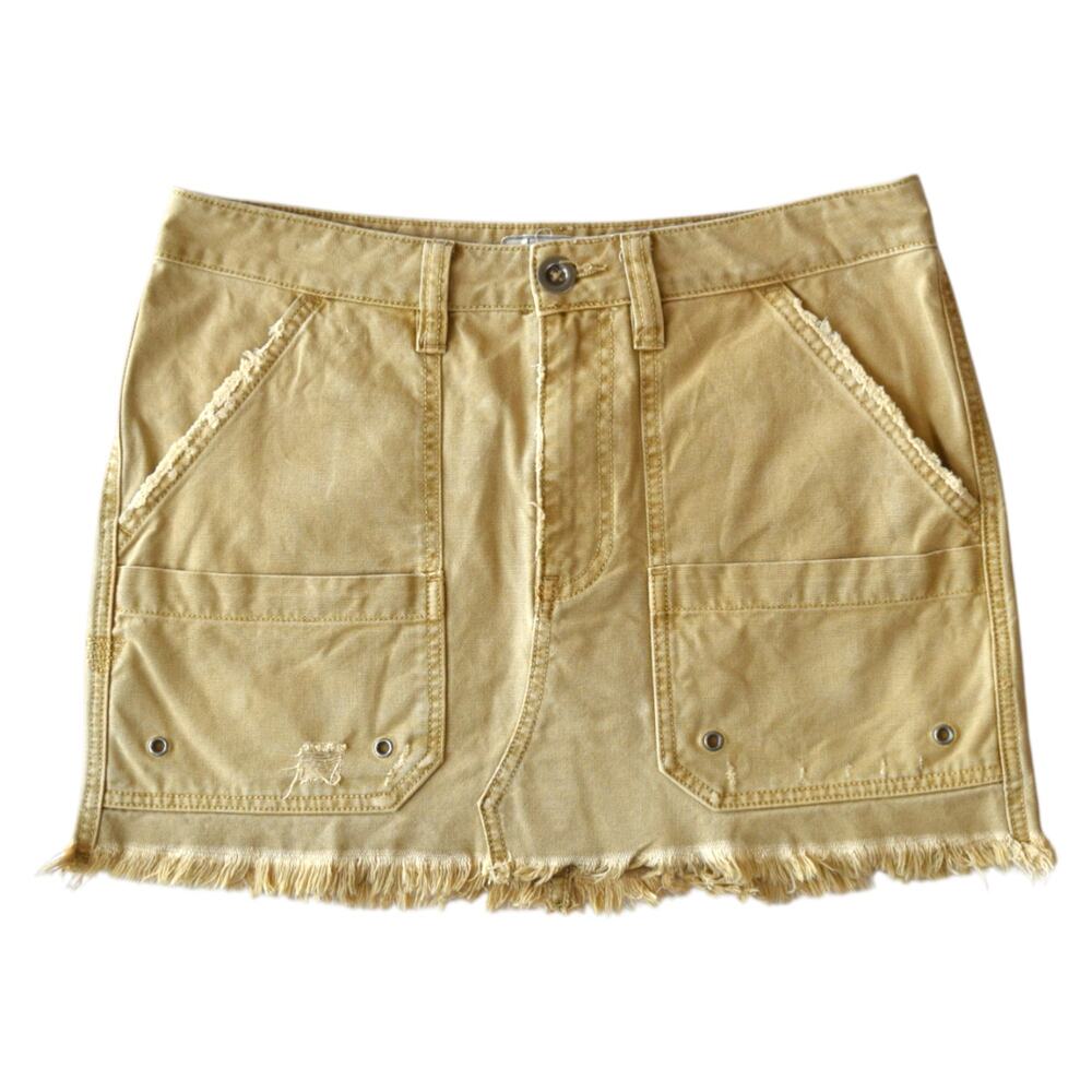 Free People Cotton Mini Skirt Size 28 Khaki Frayed Utility Y2K